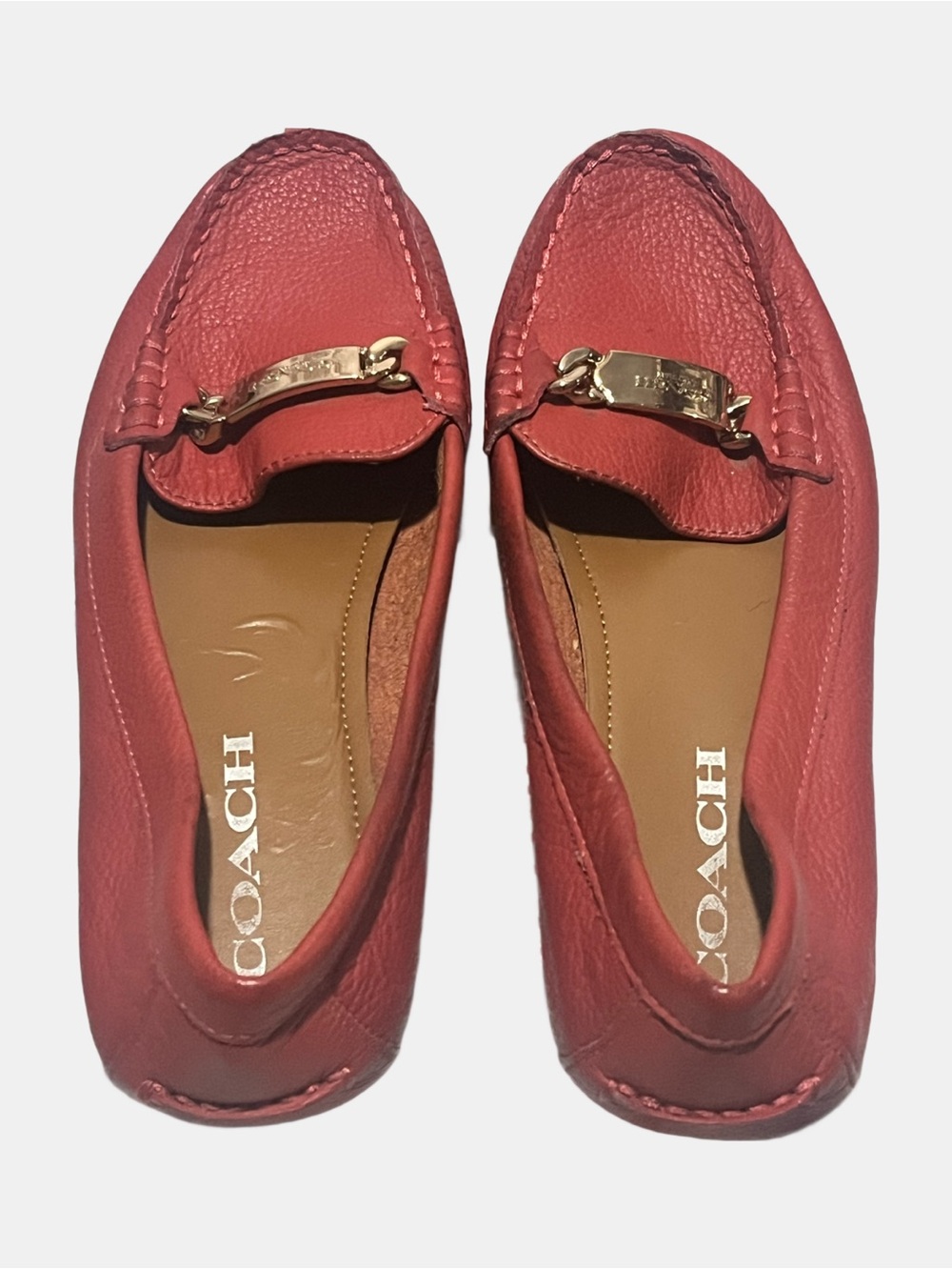 Coach “Olive” Women's Coral Red Pebble Leather Chain Link Slip On Flats A7751